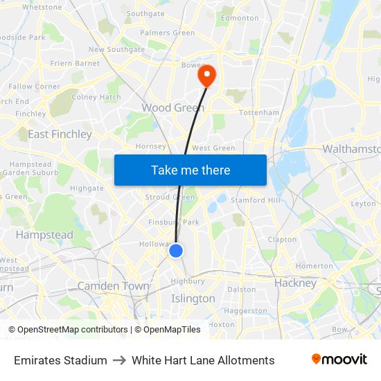 Emirates Stadium to White Hart Lane Allotments map