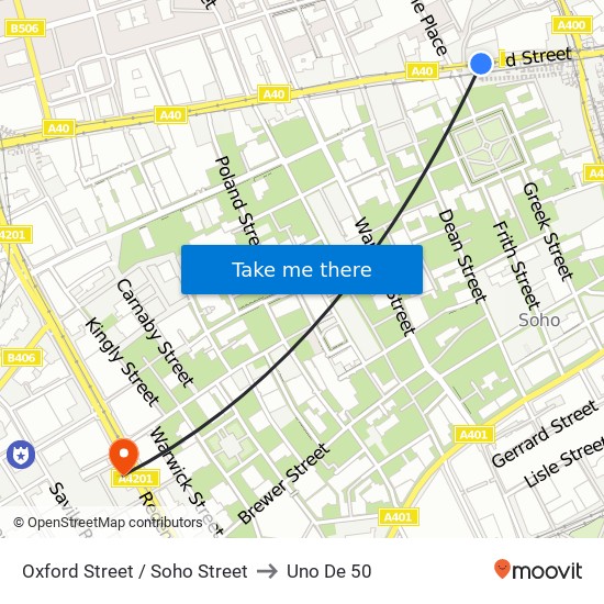 Oxford Street / Soho Street to Uno De 50 map
