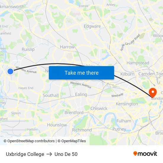 Uxbridge College to Uno De 50 map