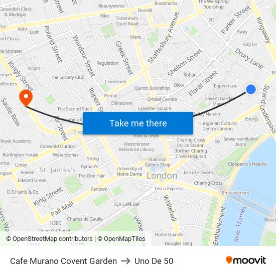 Cafe Murano Covent Garden to Uno De 50 map