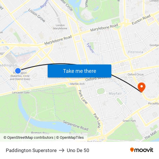 Paddington Superstore to Uno De 50 map