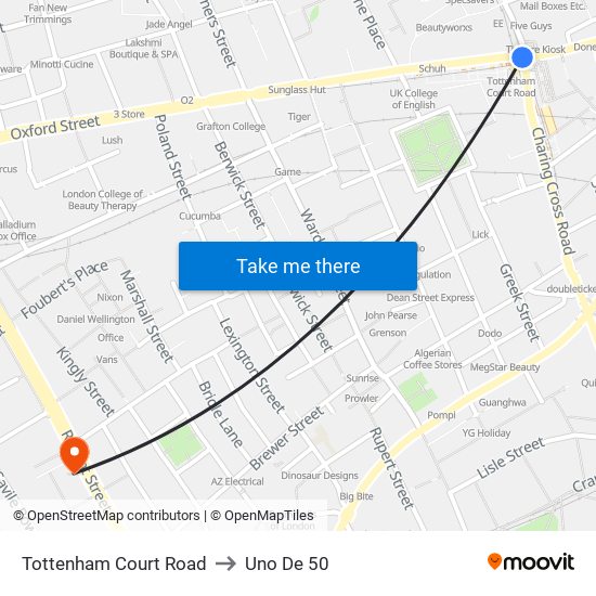 Tottenham Court Road to Uno De 50 map