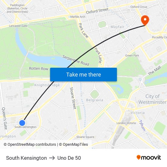 South Kensington to Uno De 50 map