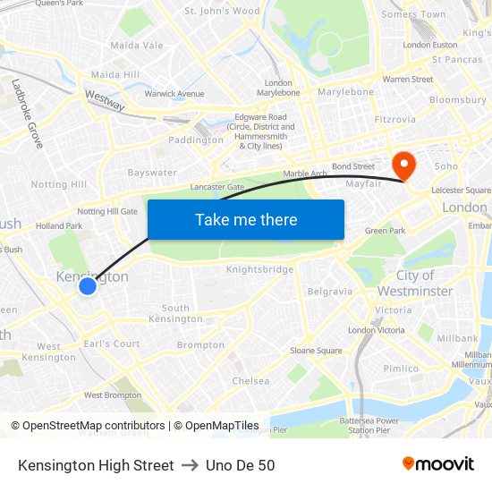 Kensington High Street to Uno De 50 map