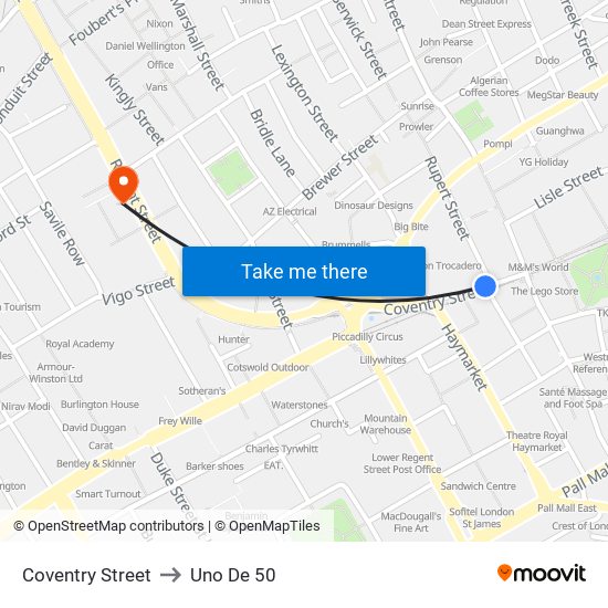 Coventry Street to Uno De 50 map