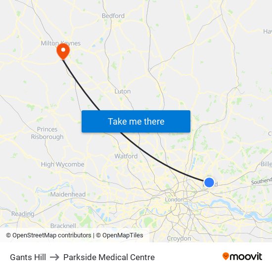 Gants Hill to Parkside Medical Centre map