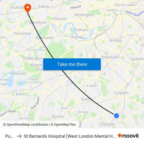 Purley to St Bernards Hospital (West London Mental Health Nhs Trust) map