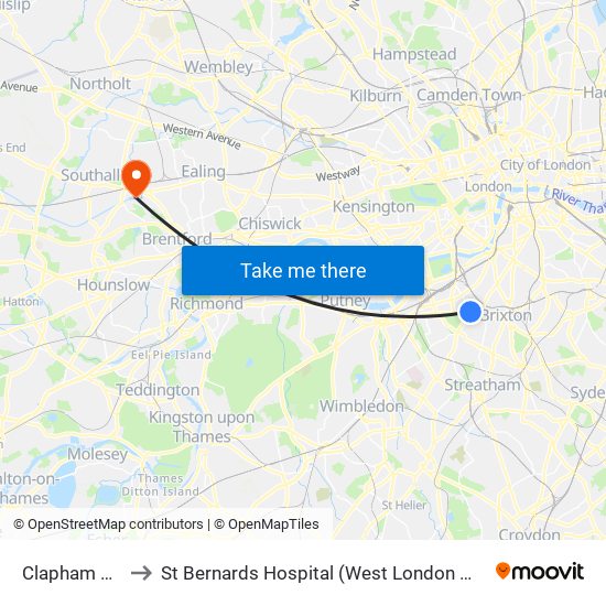 Clapham Common to St Bernards Hospital (West London Mental Health Nhs Trust) map