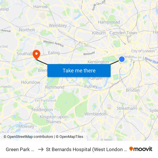 Green Park Station (H) to St Bernards Hospital (West London Mental Health Nhs Trust) map