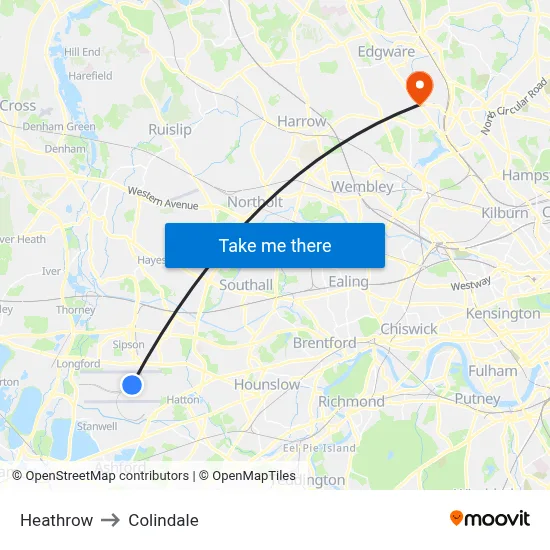 Heathrow to Colindale map