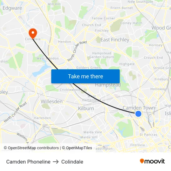Camden Phoneline to Colindale map