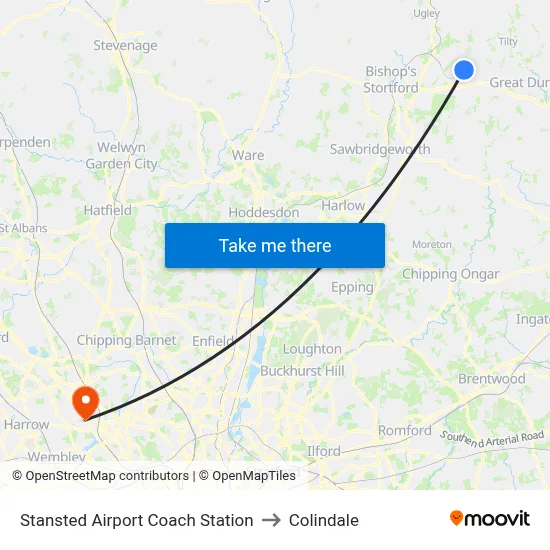 Stansted Airport Coach Station to Colindale map