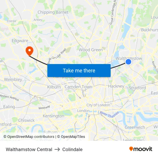 Walthamstow Central to Colindale map