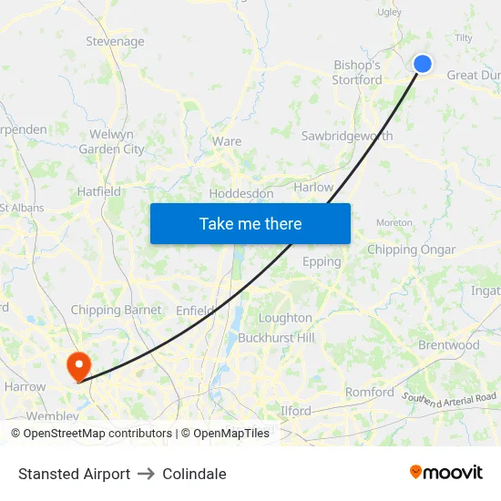 Stansted Airport to Colindale map