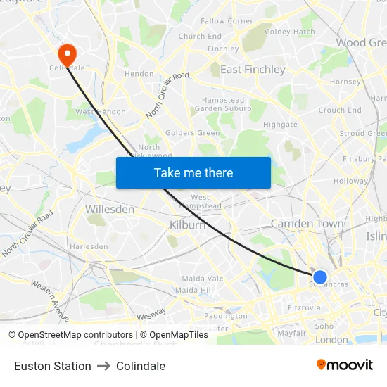 Euston Station to Colindale map