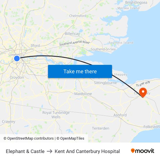 Elephant & Castle to Kent And Canterbury Hospital map