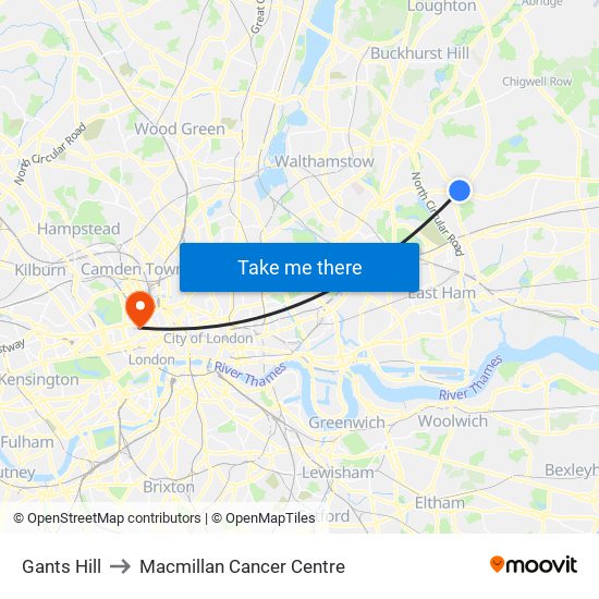 Gants Hill to Macmillan Cancer Centre map
