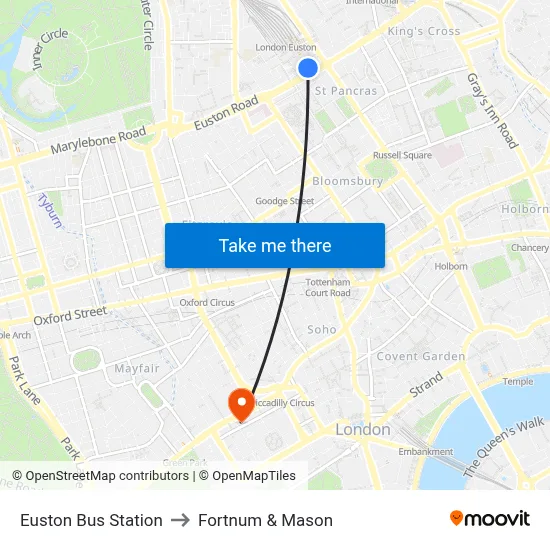 Euston Bus Station to Fortnum & Mason map