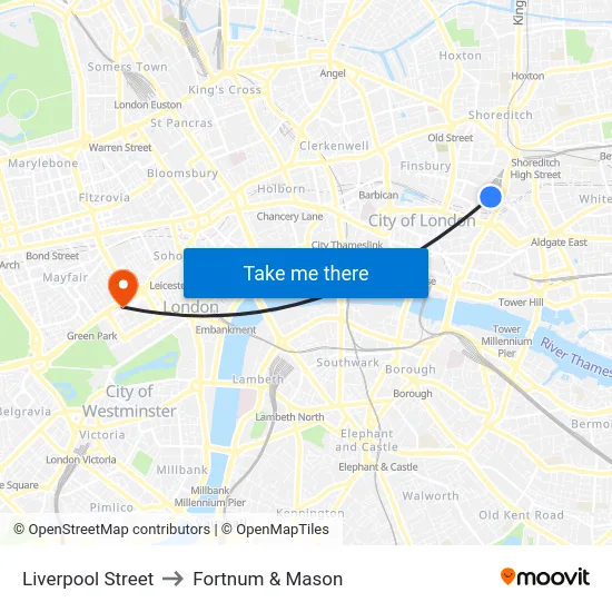 Liverpool Street to Fortnum & Mason map