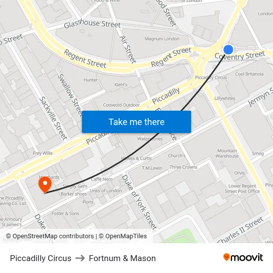 Piccadilly Circus to Fortnum & Mason map