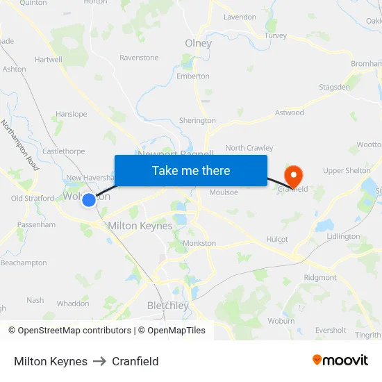 Milton Keynes to Cranfield map