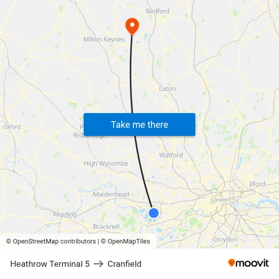Heathrow Terminal 5 to Cranfield map