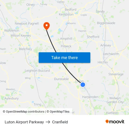 Luton Airport Parkway to Cranfield map