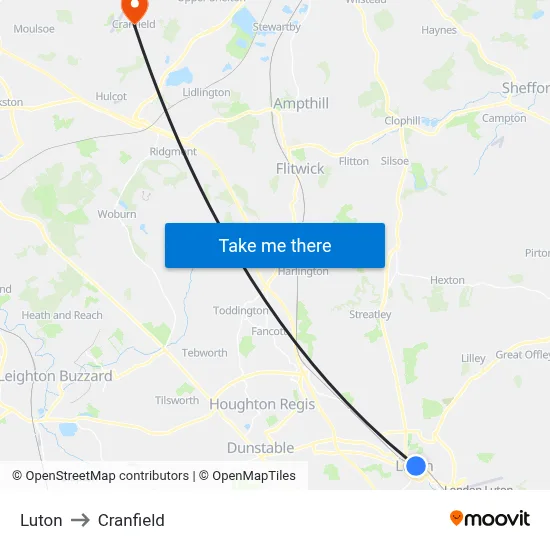 Luton to Cranfield map