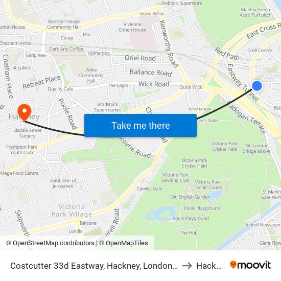 Costcutter 33d Eastway, Hackney, London, E9 5jb to Hackney map