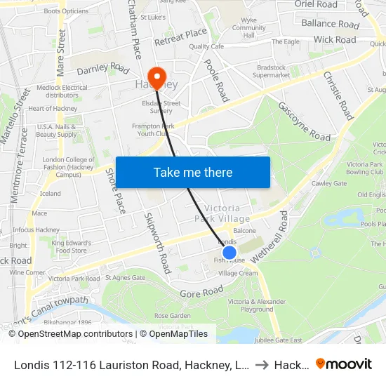 Londis 112-116 Lauriston Road, Hackney, London, E9 7lh to Hackney map