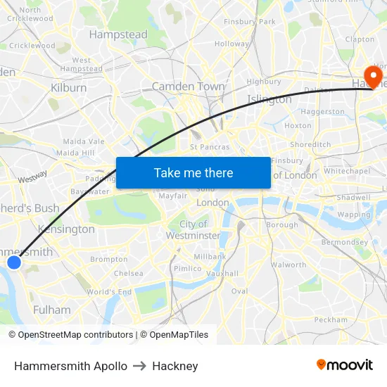 Hammersmith Apollo to Hackney map