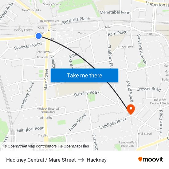 Hackney Central / Mare Street to Hackney map