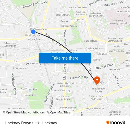 Hackney Downs Platform 2 to Hackney map
