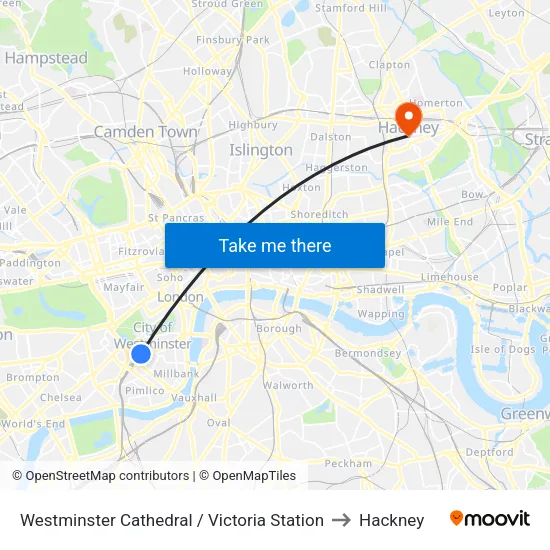 Westminster Cathedral / Victoria Station to Hackney map