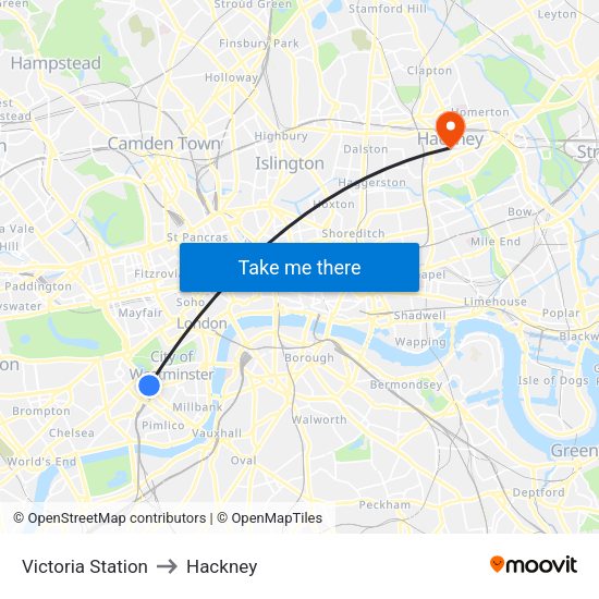 Victoria Station to Hackney map