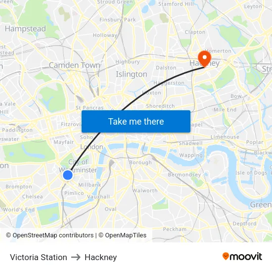 Victoria Station to Hackney map