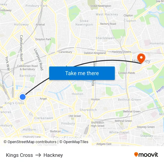 Kings Cross to Hackney map