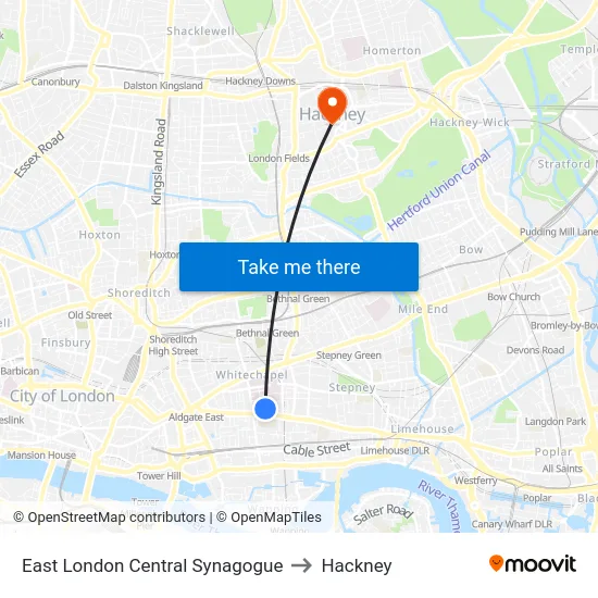 East London Central Synagogue to Hackney map