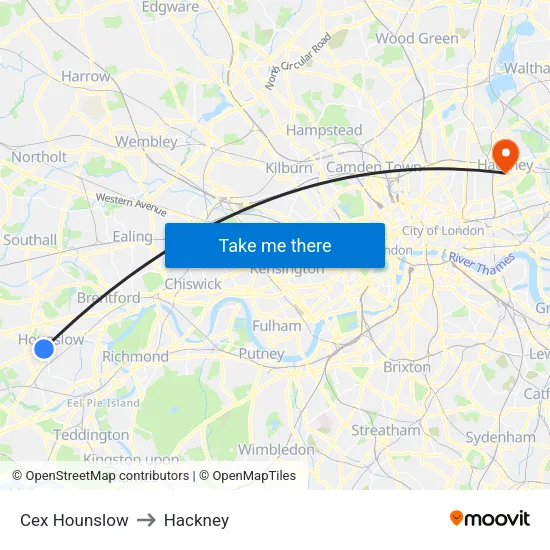 Cex Hounslow to Hackney map