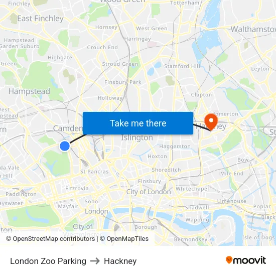 London Zoo Parking to Hackney map