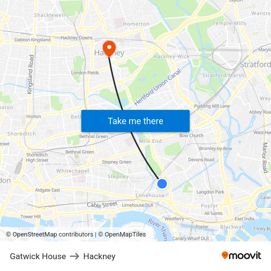 Gatwick House to Hackney map