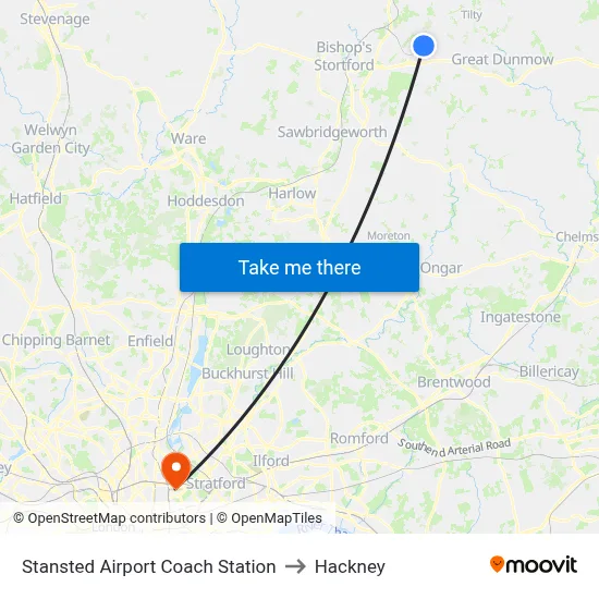 Stansted Airport Coach Station to Hackney map