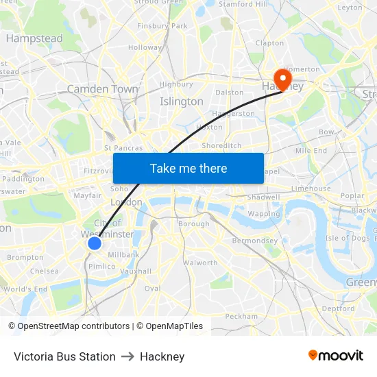 Victoria Bus Station to Hackney map