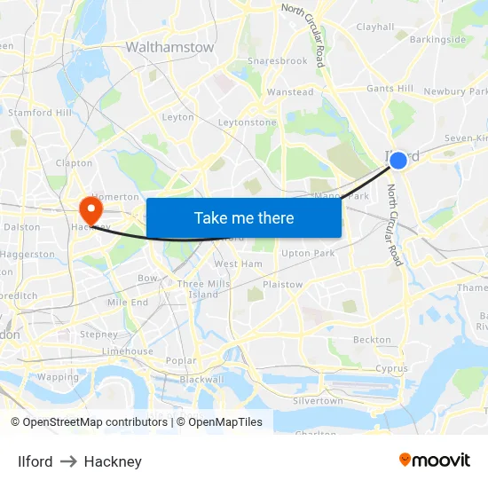 Ilford to Hackney map