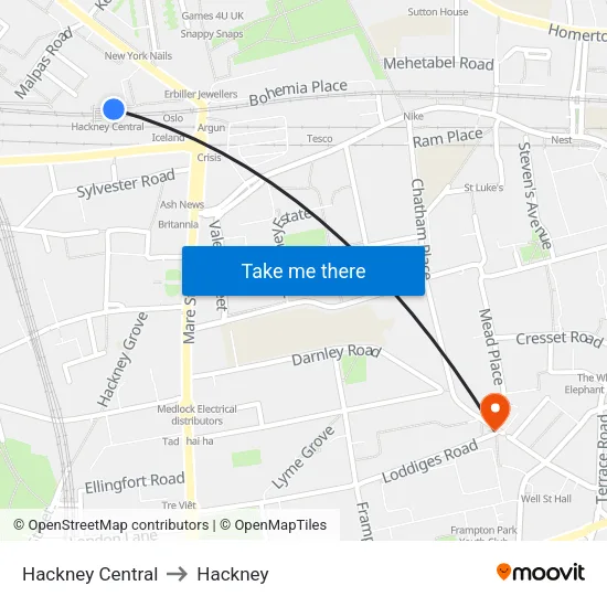 Hackney Central to Hackney map