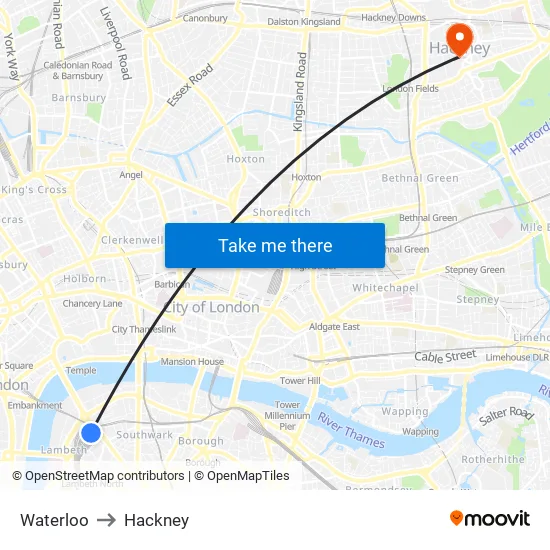 Waterloo to Hackney map