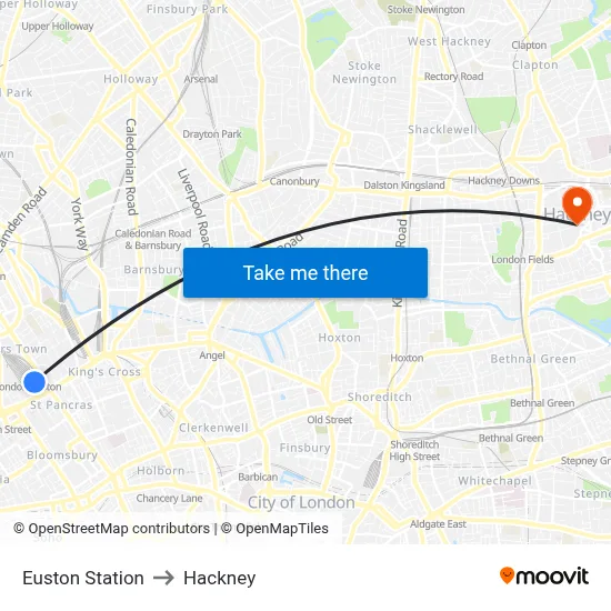 Euston Station to Hackney map