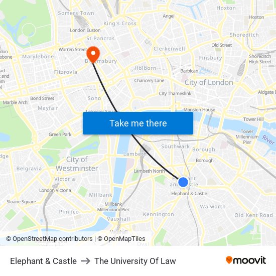 Elephant & Castle to The University Of Law map