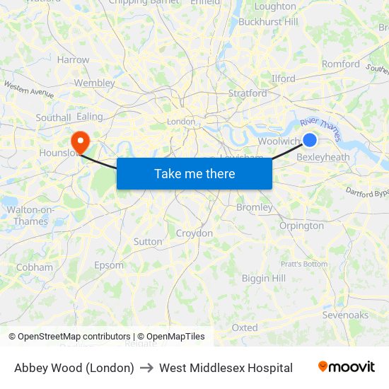 Abbey Wood (London) to West Middlesex Hospital map