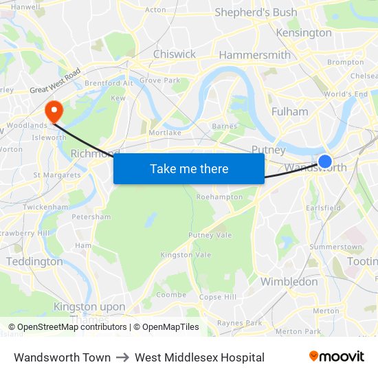 Wandsworth Town to West Middlesex Hospital map